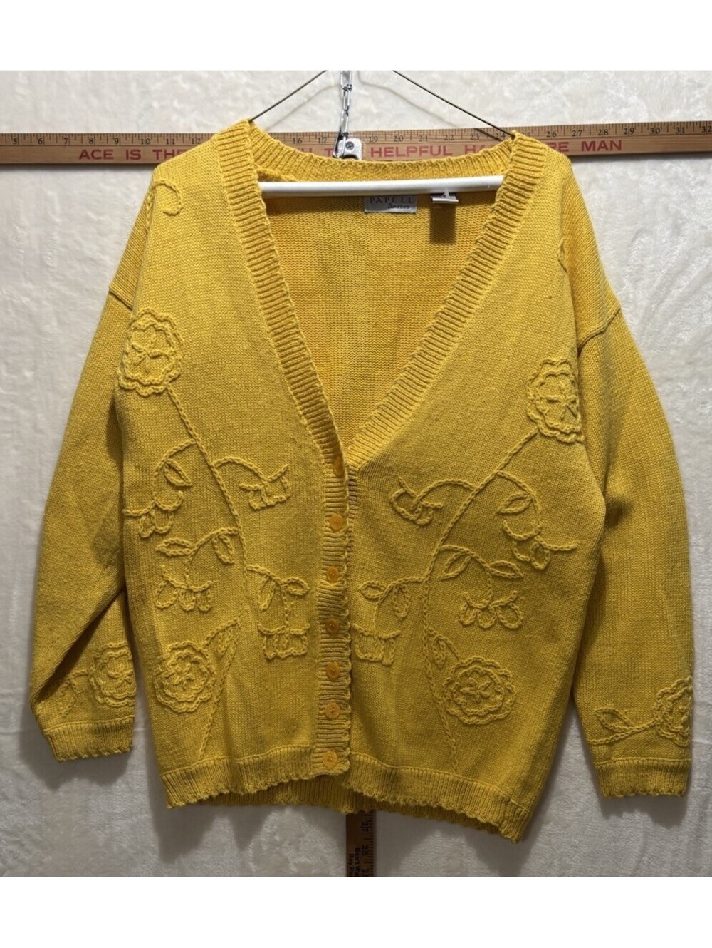 Vintage Adrianna Papell Mustard Gold Embroidered V-Neck Cardigan Sweater, Size S